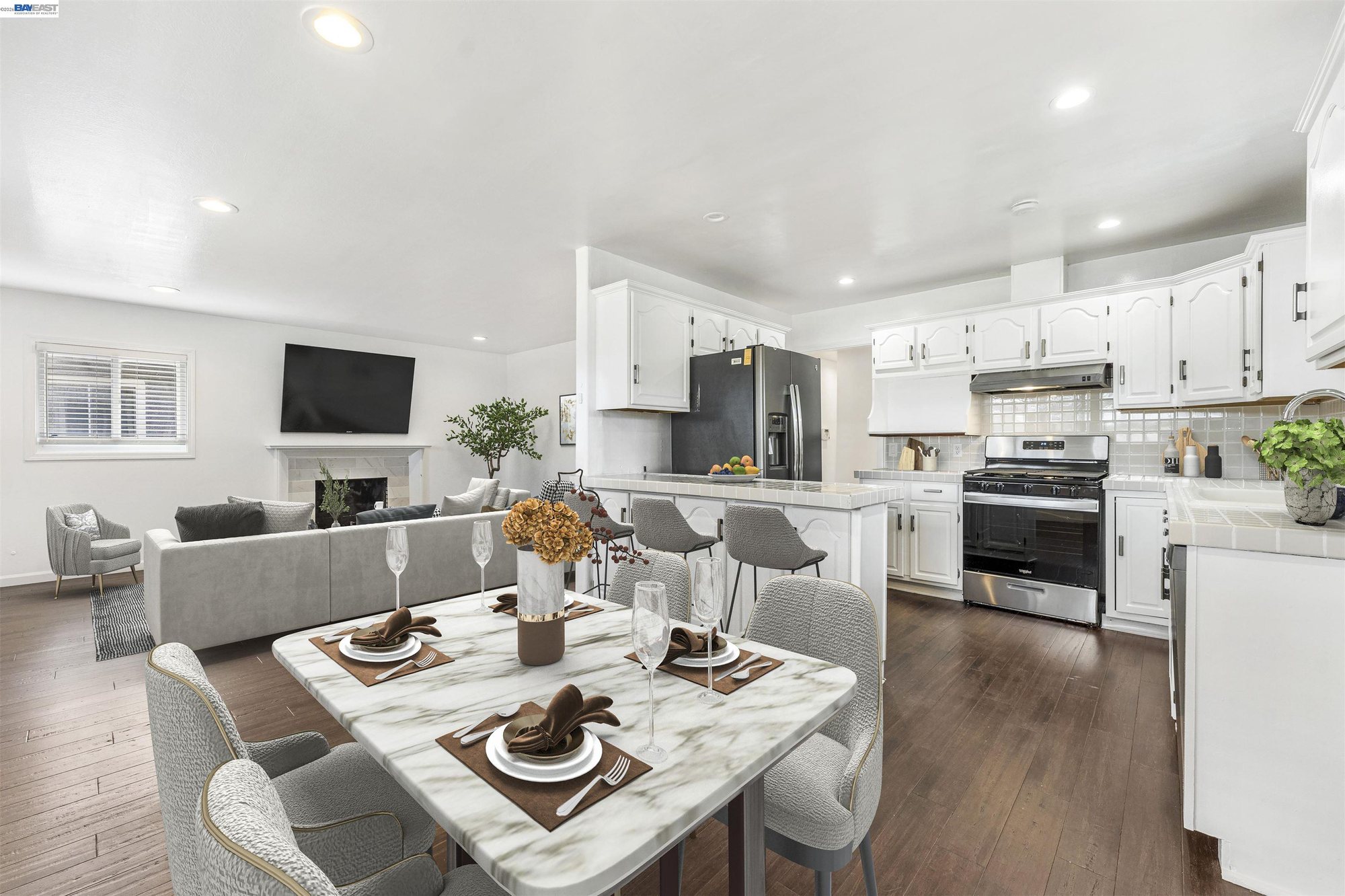 Open living, dining, and kitchen sightline