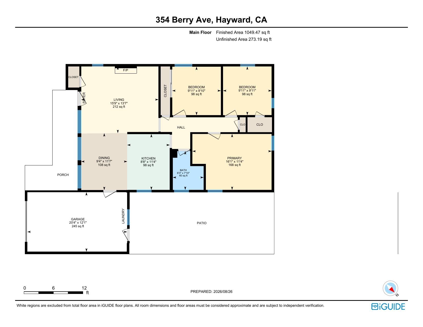 Main floor plan of 354 Berry Ave with living, dining, kitchen, three bedrooms and bath